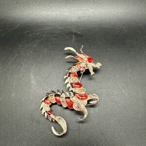 Red and Silver tone Dragon Brooch